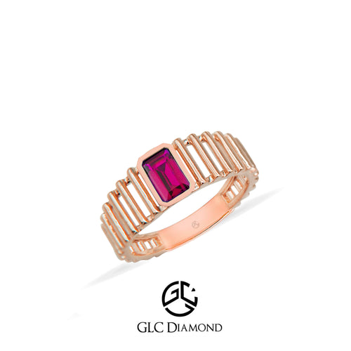 14K Gold Ruby Ring with Rectangular Ruby Gemstone and Unique Band Design