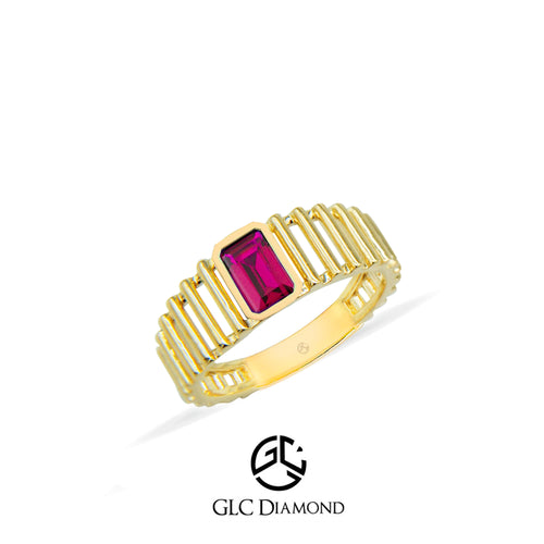 14K Gold Ruby Ring with Rectangular Ruby Gemstone and Unique Band Design