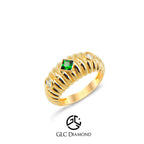 14K Gold Emerald and Diamond Ring with Beaded Band