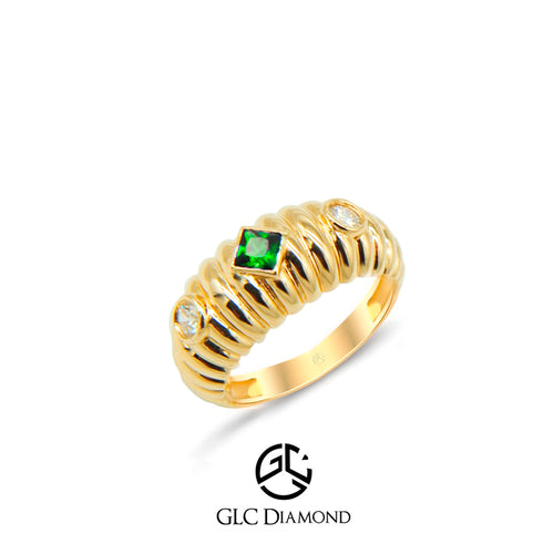 14K Gold Emerald and Diamond Ring with Beaded Band