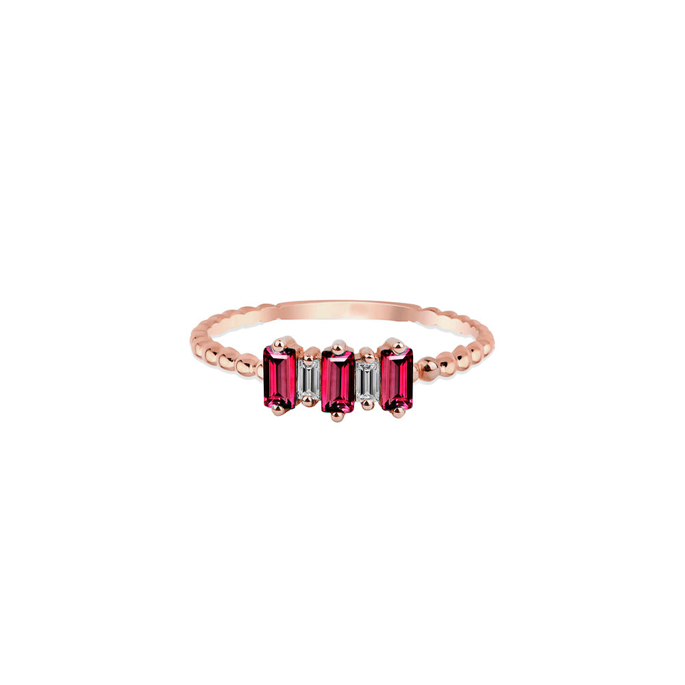 14K Gold Diamond Ruby Ring / Five Stone Baguette Setting