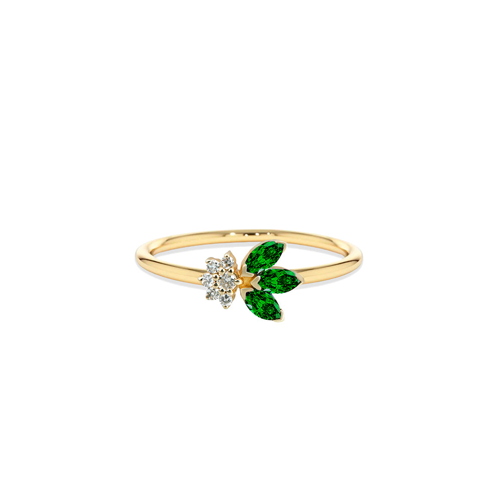 14K Gold Emerald Leaf Ring / Diamond Wedding Ring