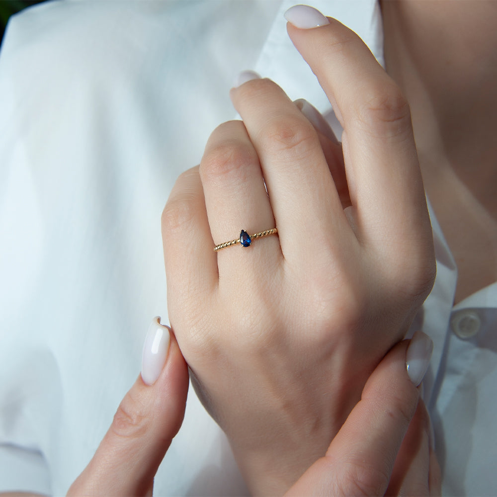 14K Solid Gold Pear Cut Sapphire Ring