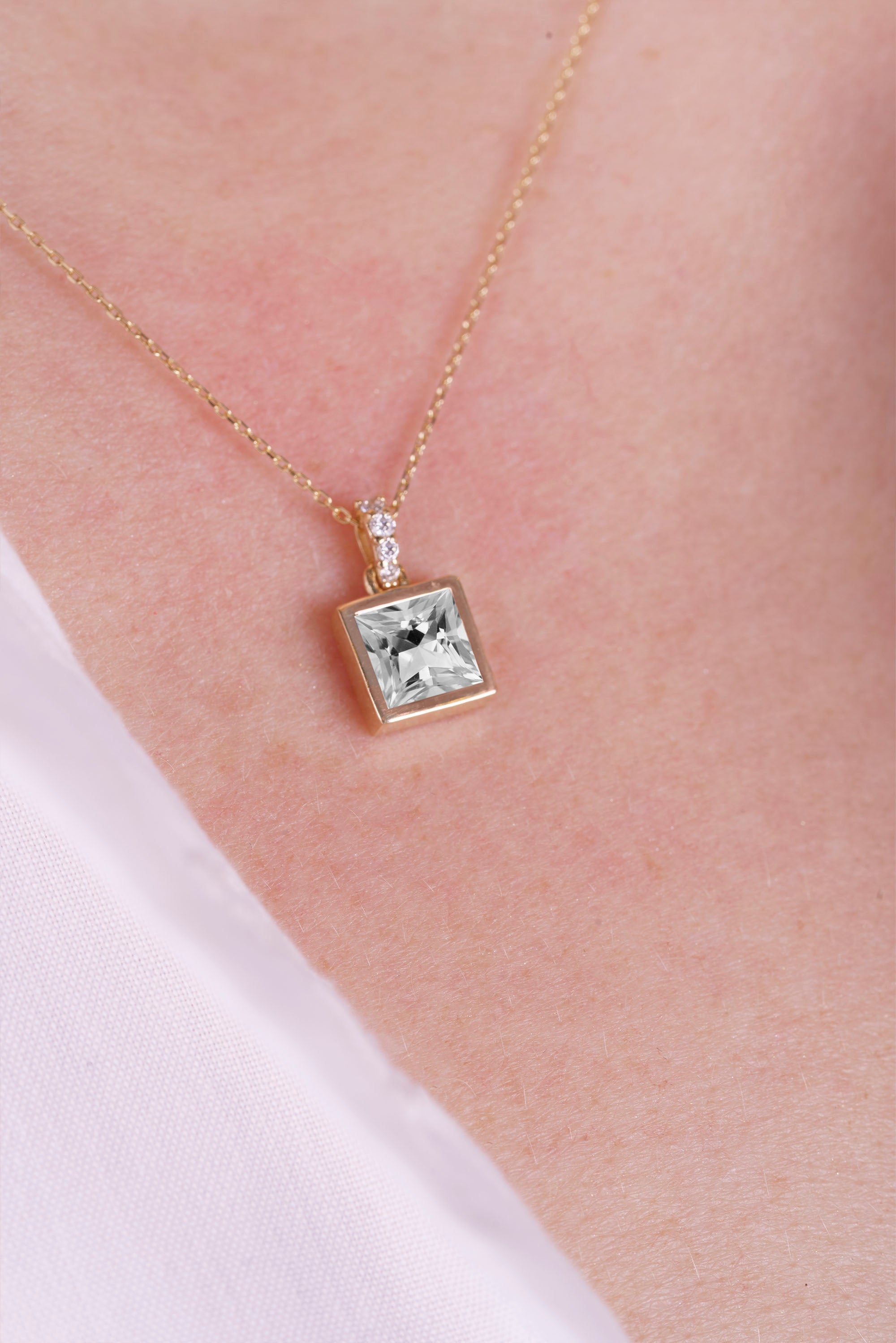Square White Sapphire Necklace, Wedding Necklace