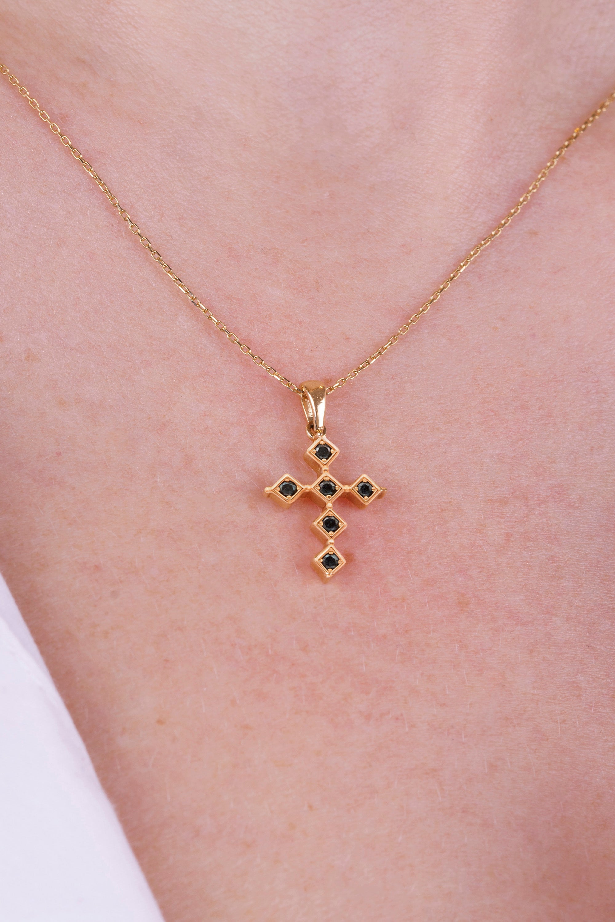 14K Gold Black Diamond Cross Necklace / Christian Jewelry Gift