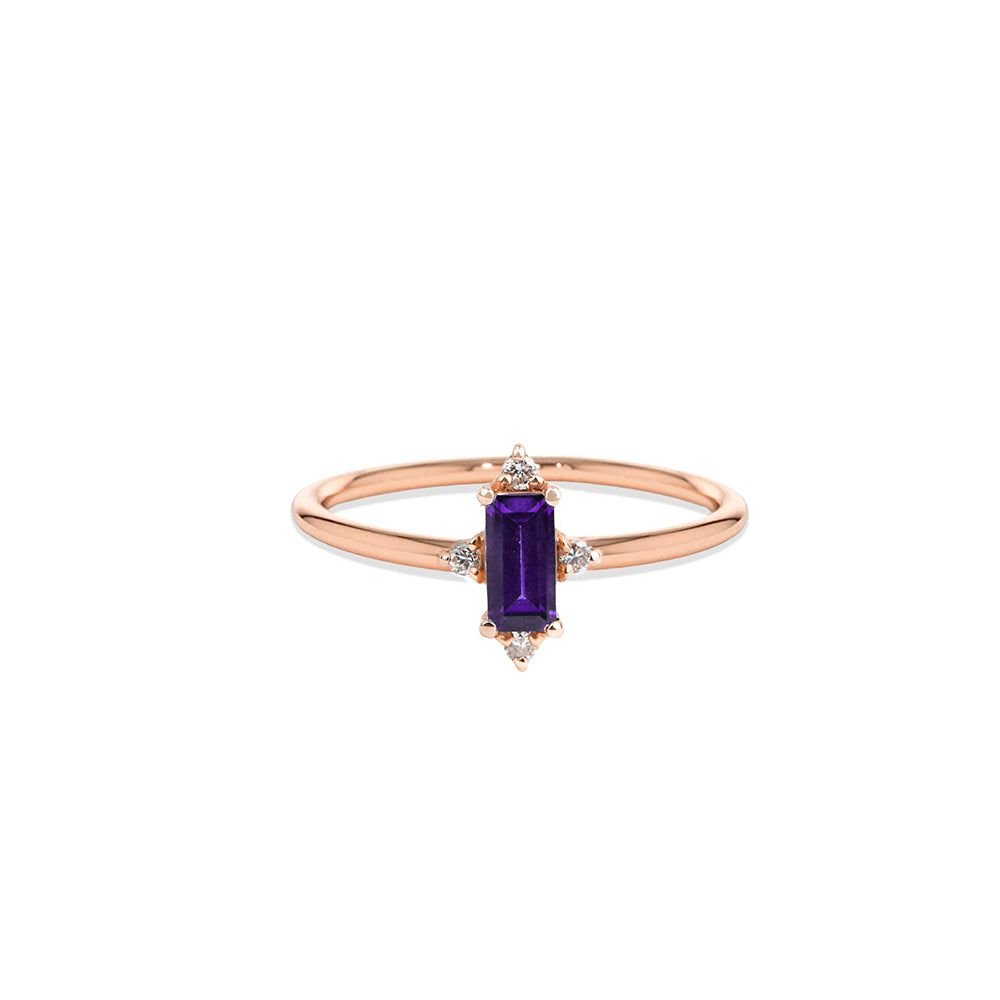 14K Gold Amethyst Baguette Ring / Diamond Amethyst Ring
