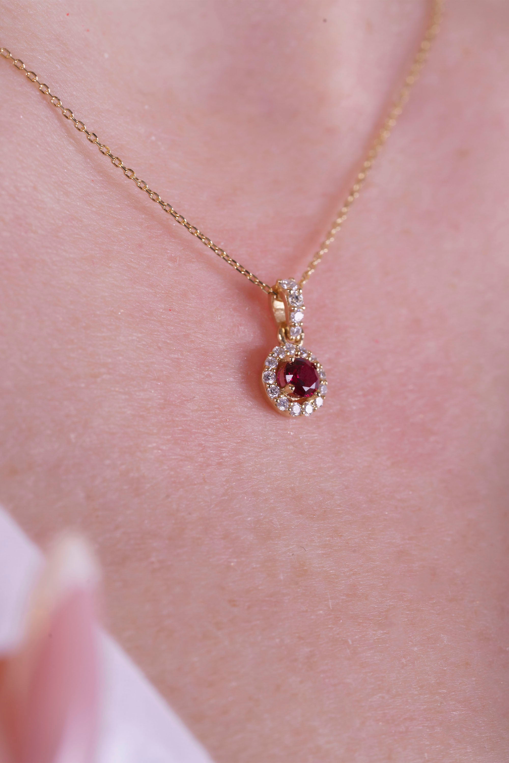 14K Gold Diamond Necklace, Ruby Round Necklace