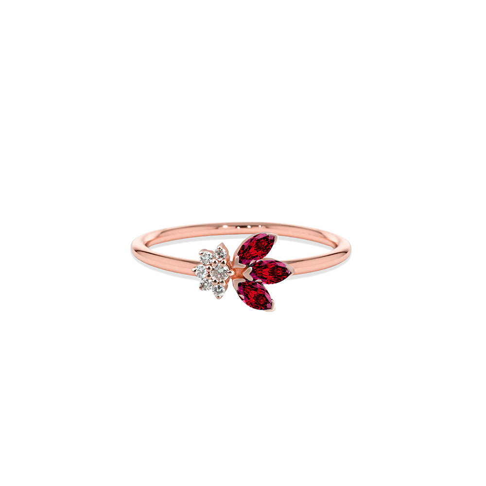 14K Gold Diamond Ruby Leaf Ring