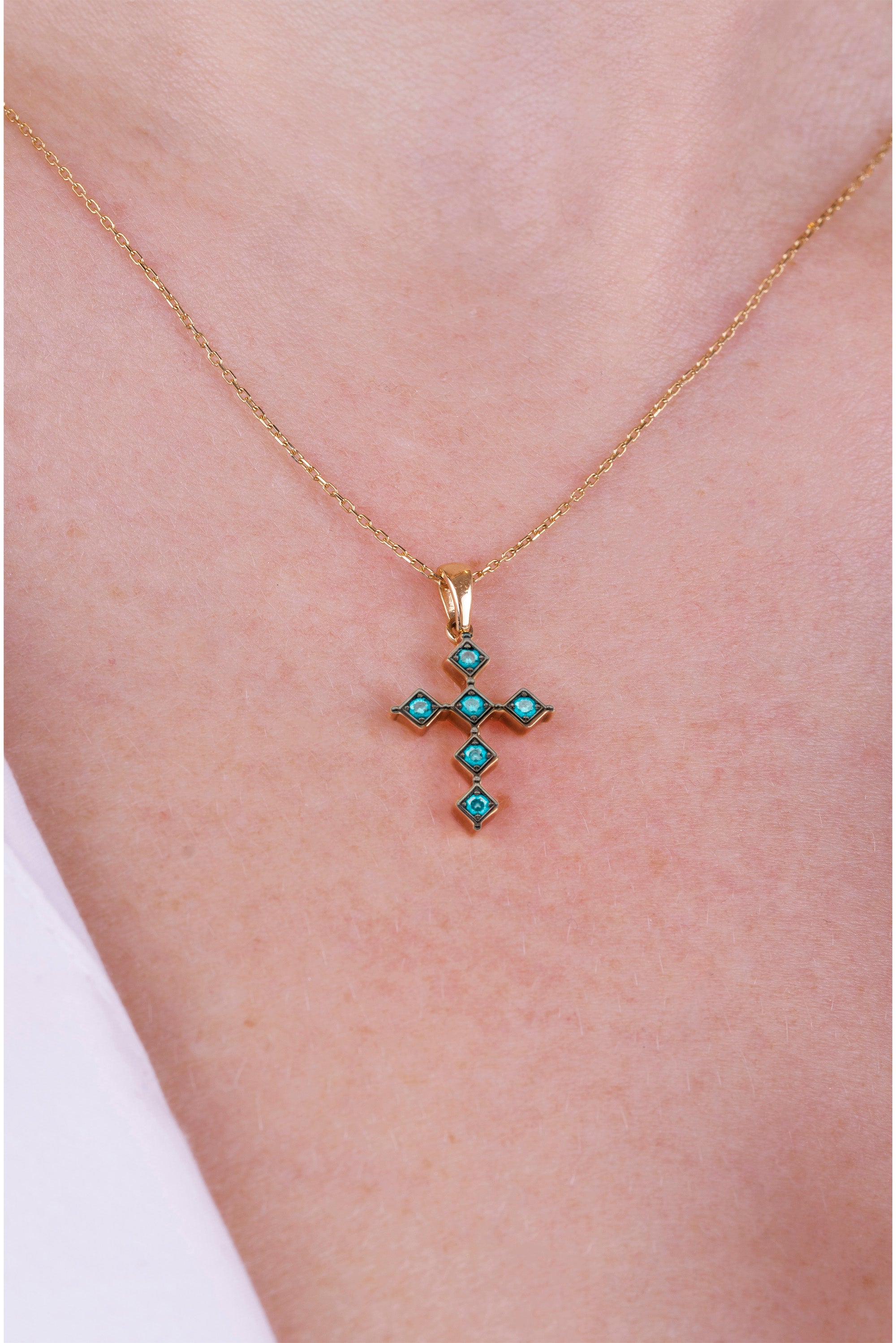 14K Gold Aquamarine Cross Necklace / Bezel Aquamarine Cross