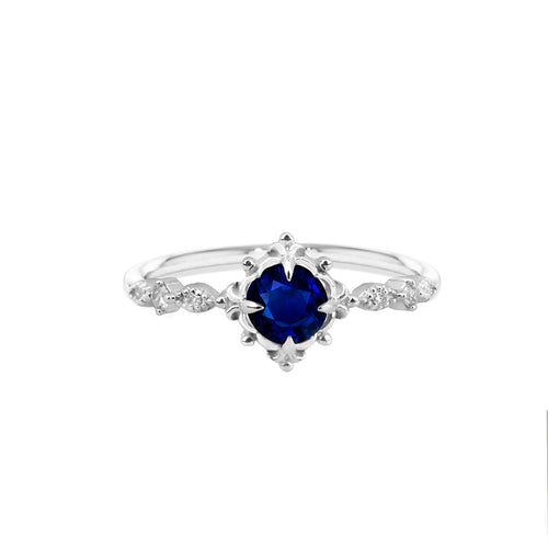 Exquisite Gold Ring with Round Blue Sapphire and Elegant Floral Design