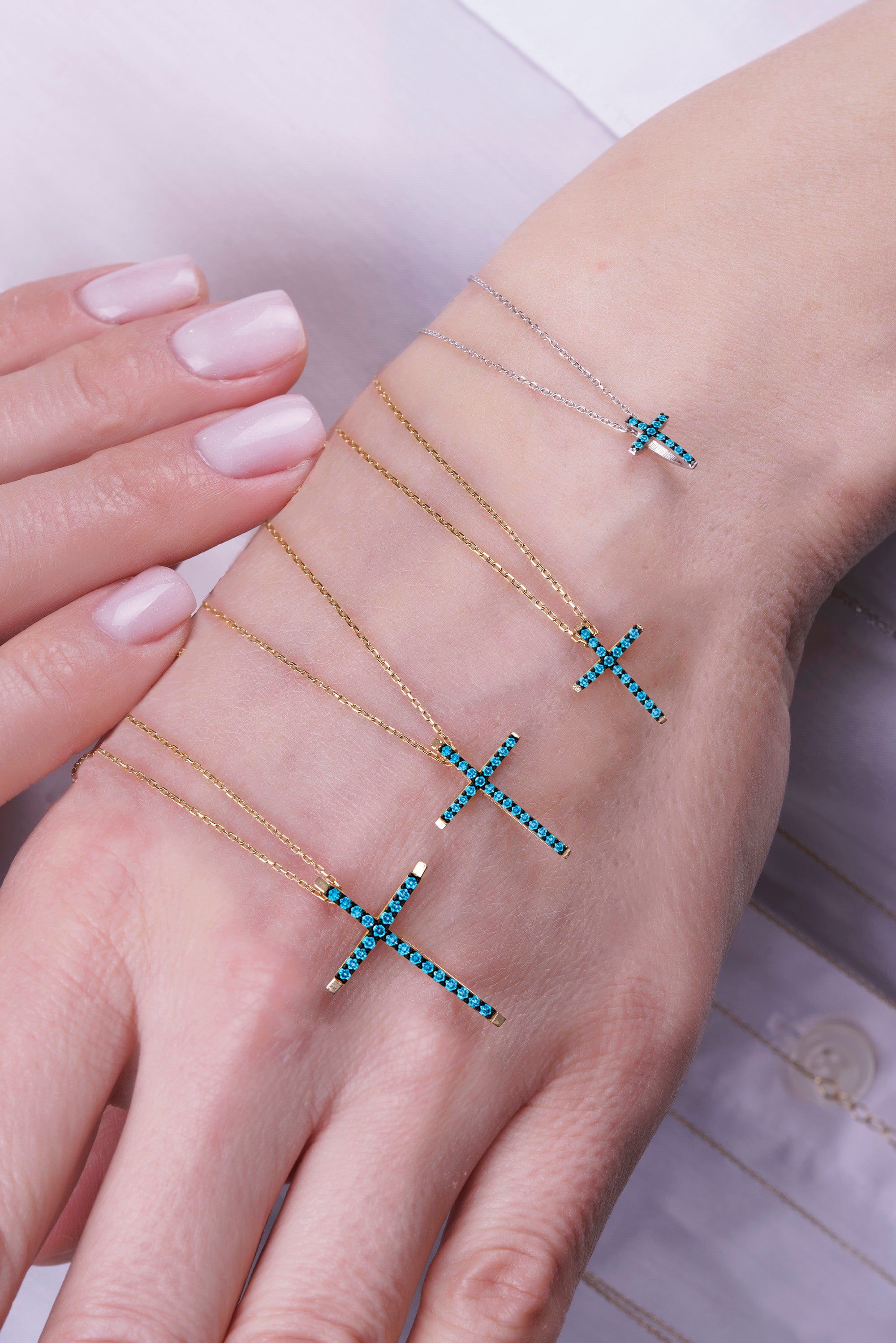 14K Gold Religious Pendant / Aquamarine Cross Necklace