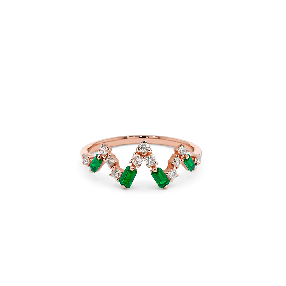 Gold Diamond Emerald Color V Shape Ring, 14K Solid Gold Emerald Ring