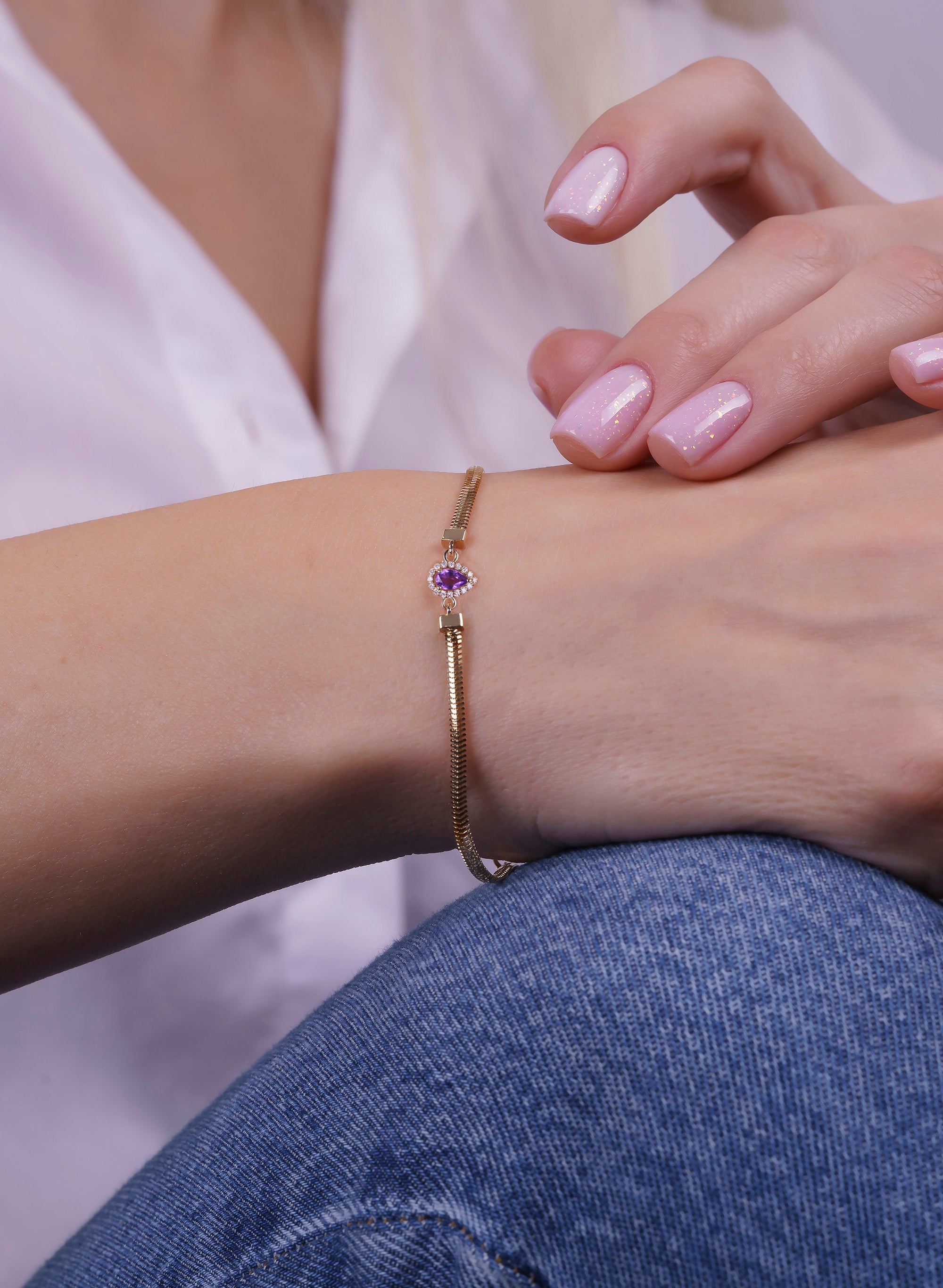 14K Solid Gold Amethyst Bracelet / Diamond Bracelet