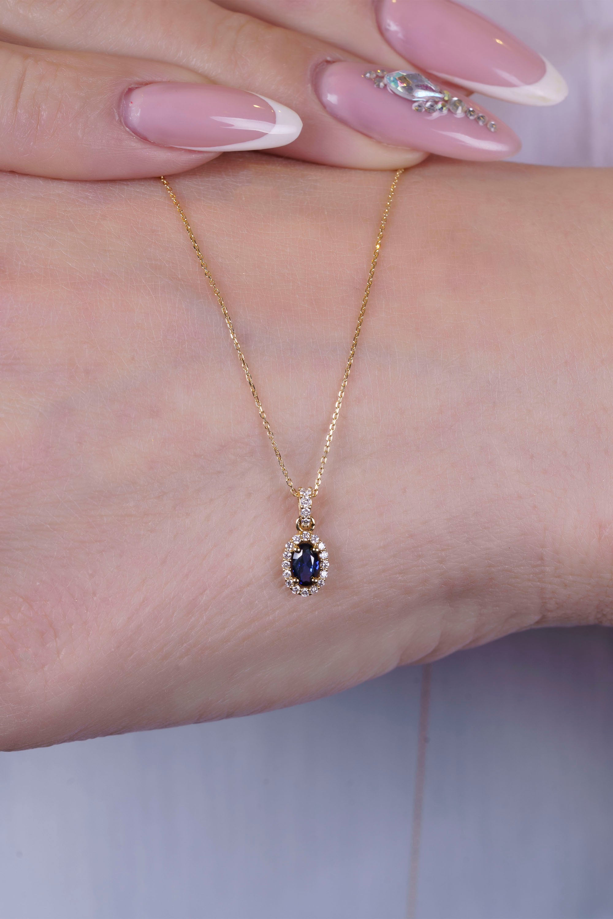 14K Gold Oval Sapphire Necklace, Bridal Necklace