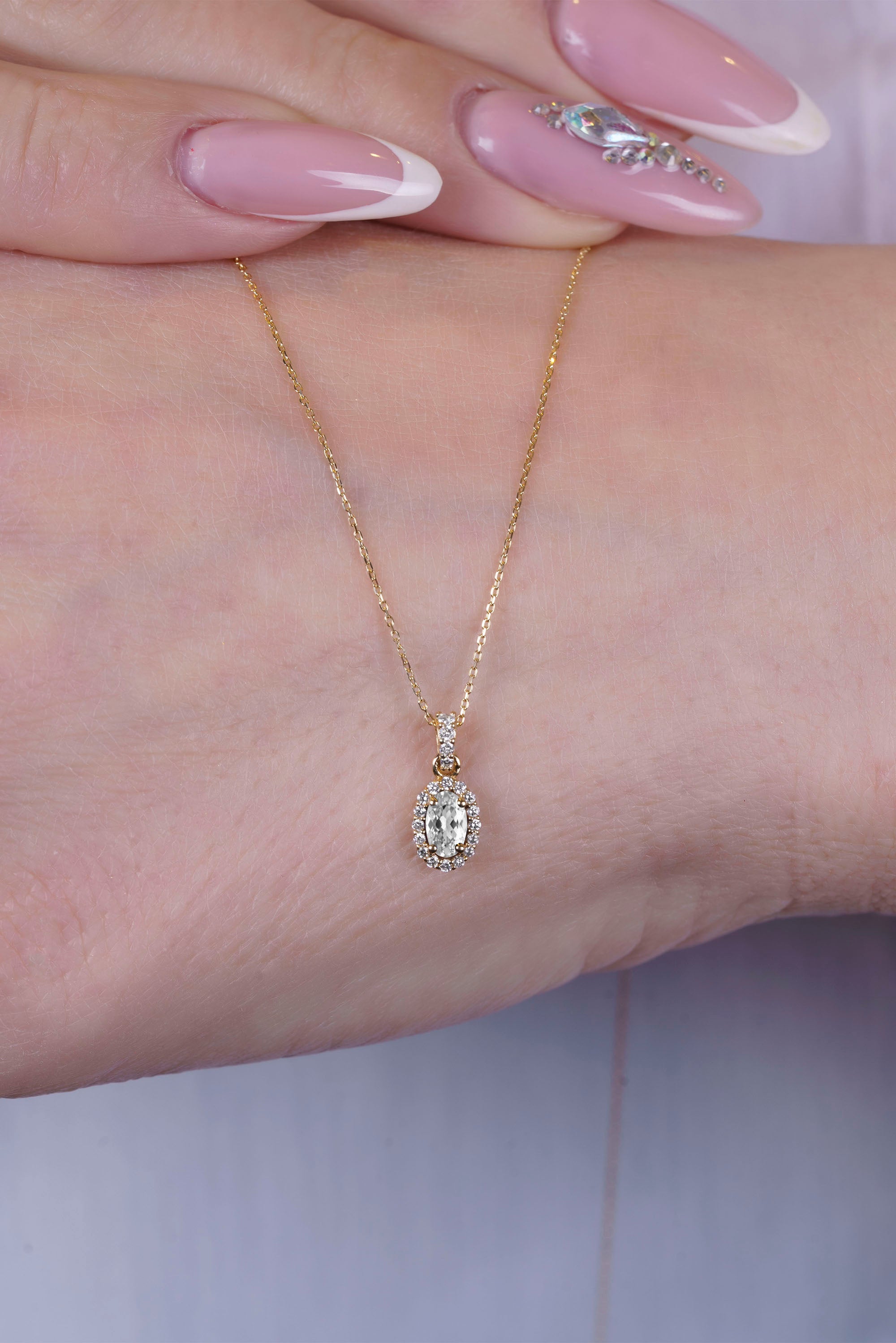 14K Gold White Sapphire Necklace, Dainty Diamond Necklace