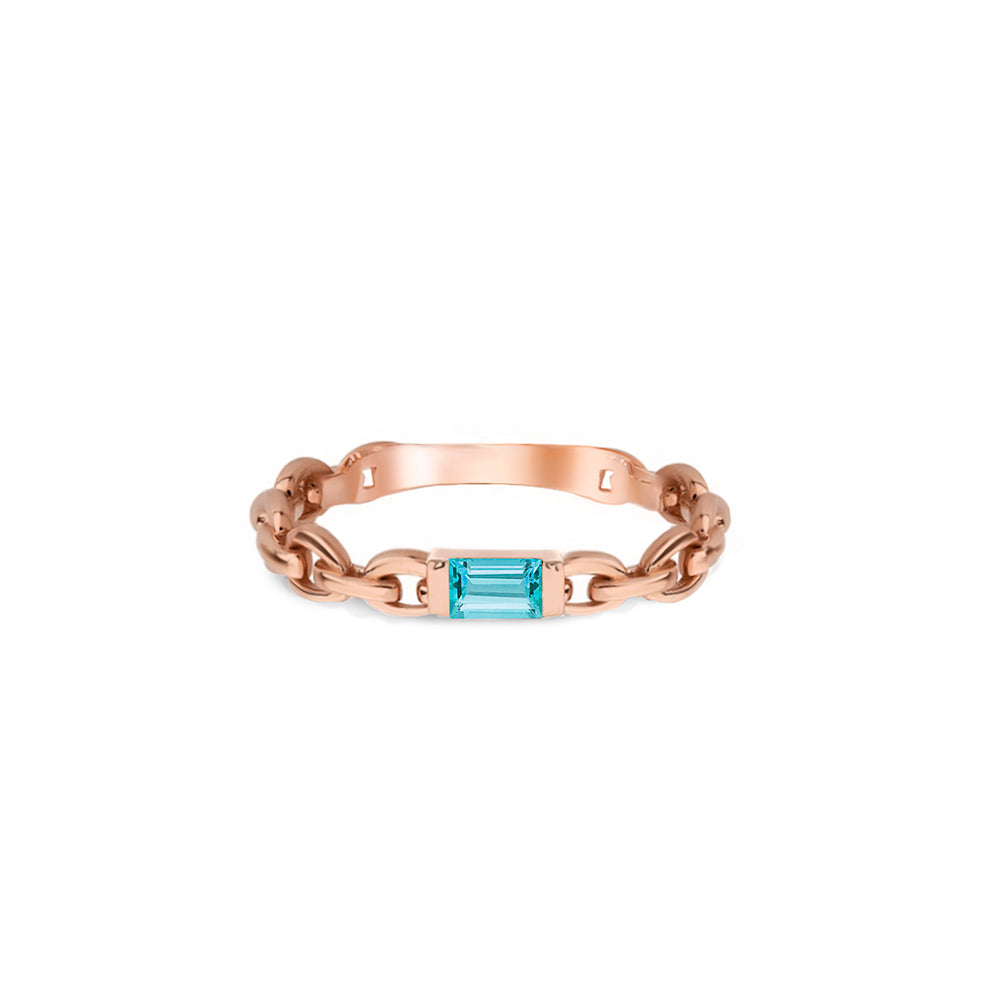 14K Gold Aquamarine Chain Ring / Ocean Blue Stone Jewelry