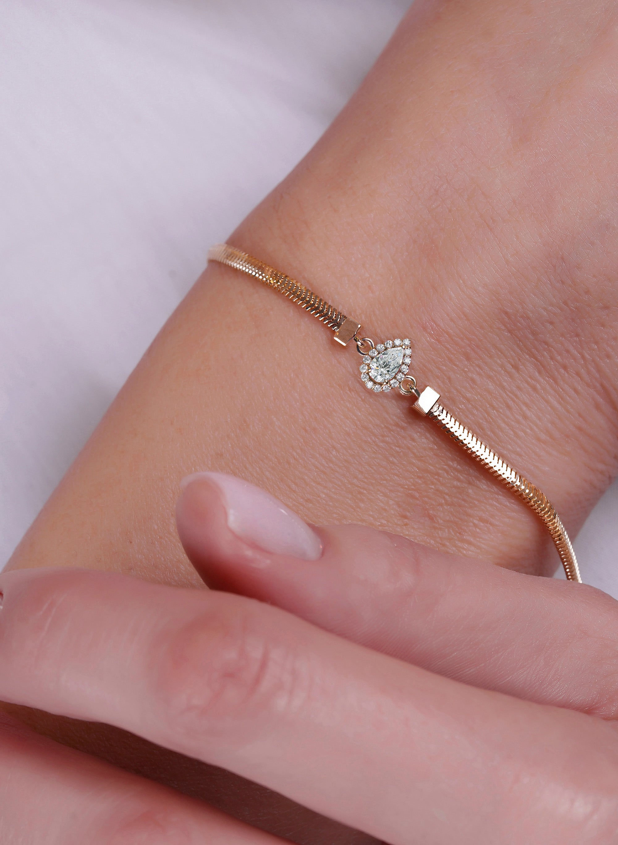 14K Gold Natural White Sapphire Bracelet / Pear Wedding Bracelet