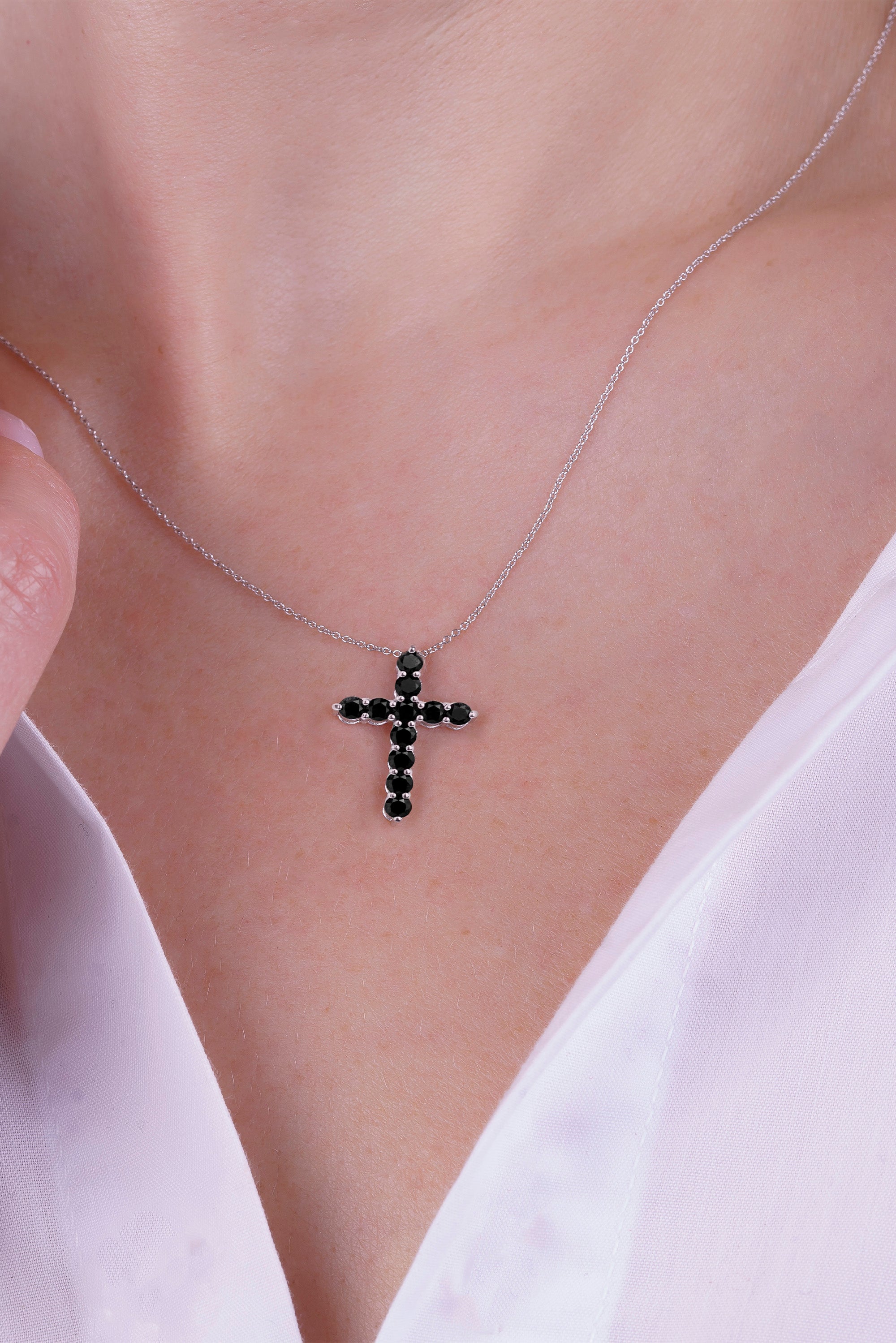 14K Gold Black Diamond Cross Necklace / Modern Religious Pendant