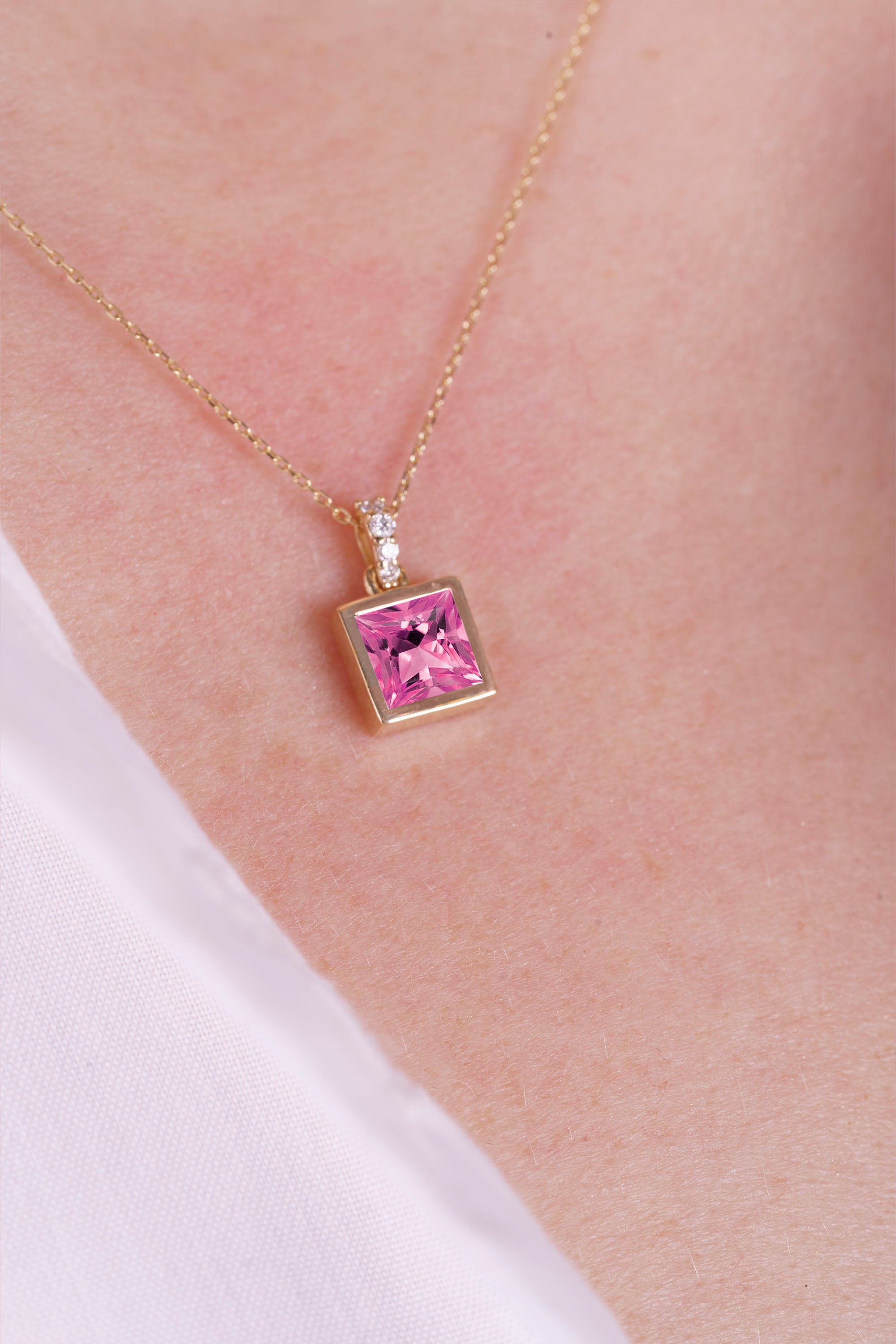 14K Gold Princess Cut Pink Sapphire Pendant