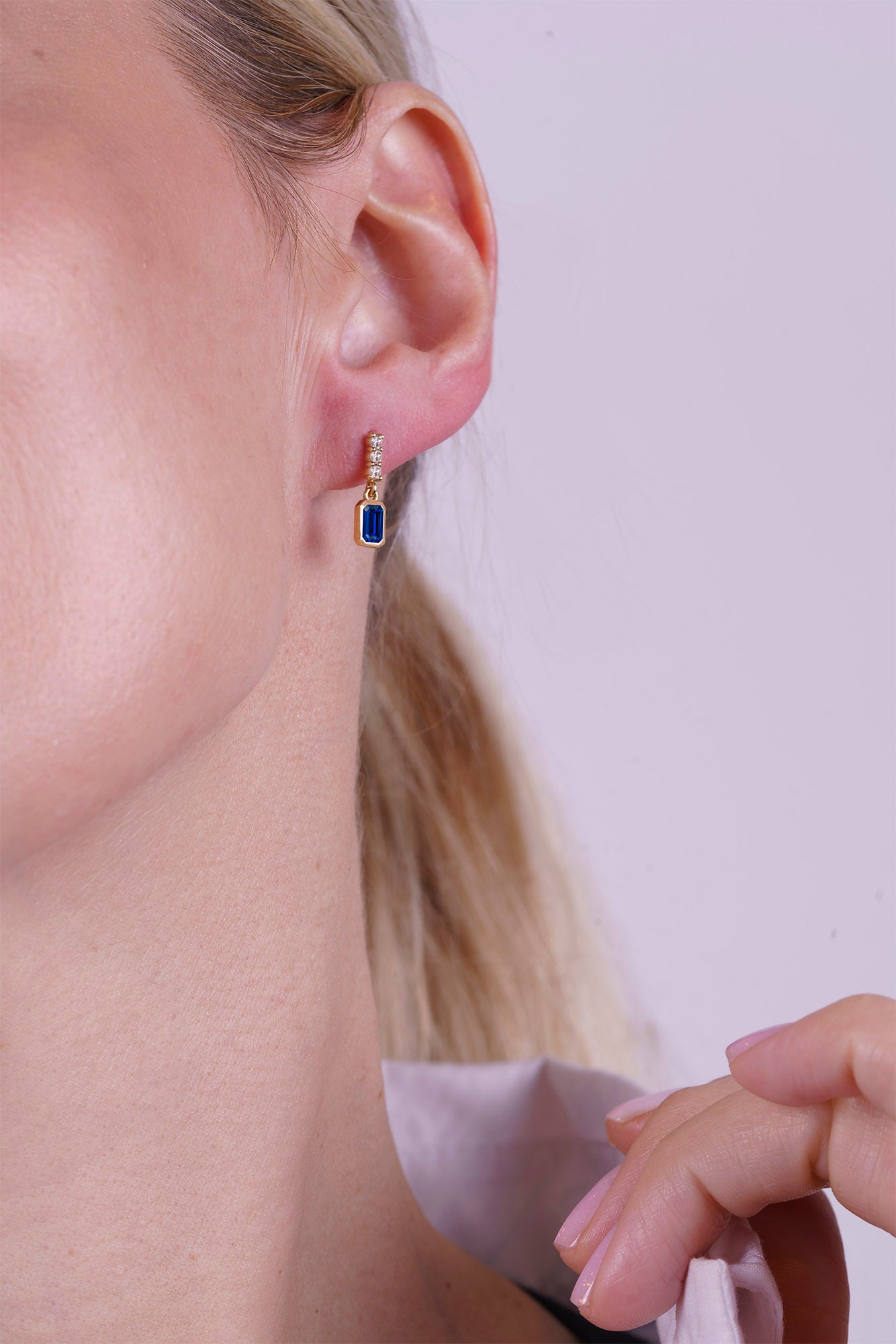 14K Gold Blue Sapphire Rectangular Earrings