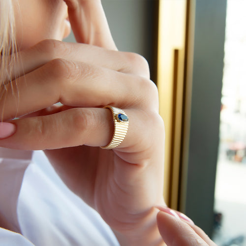 14K Solid Gold Ring with Oval Cut Blue Sapphire