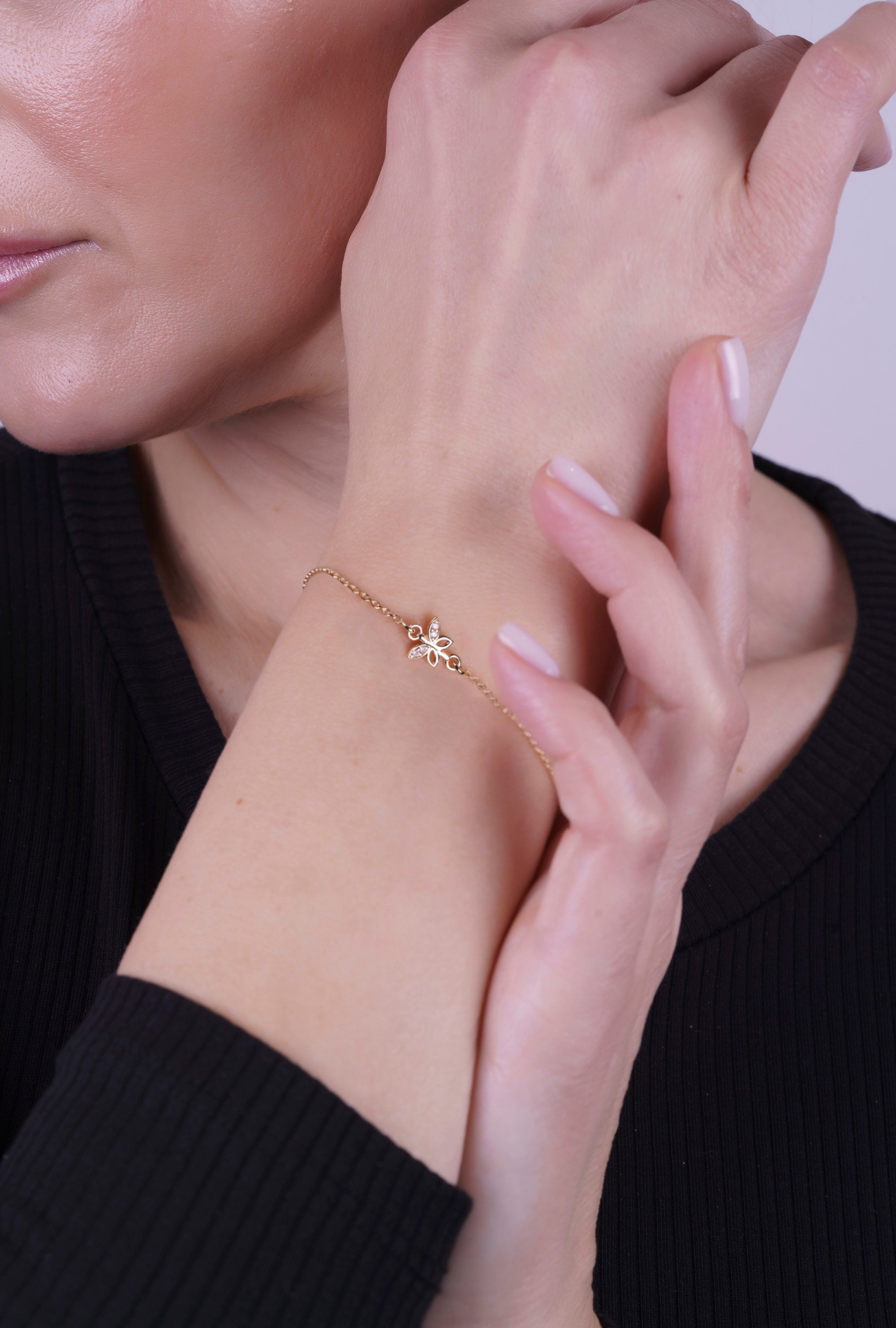 14K Gold Butterfly Bracelet / Diamond Butterfly Charm Bracelet