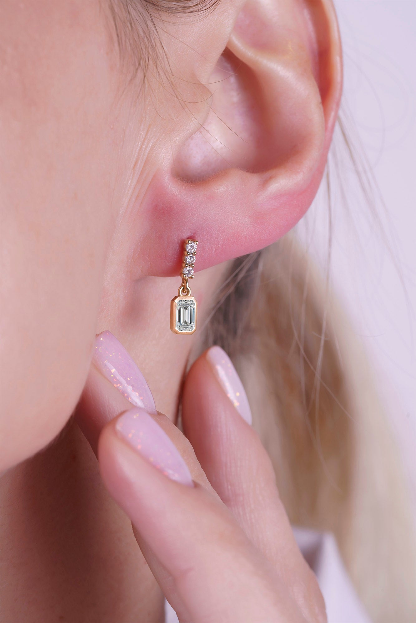 14K Gold White Sapphire Rectangular Earrings