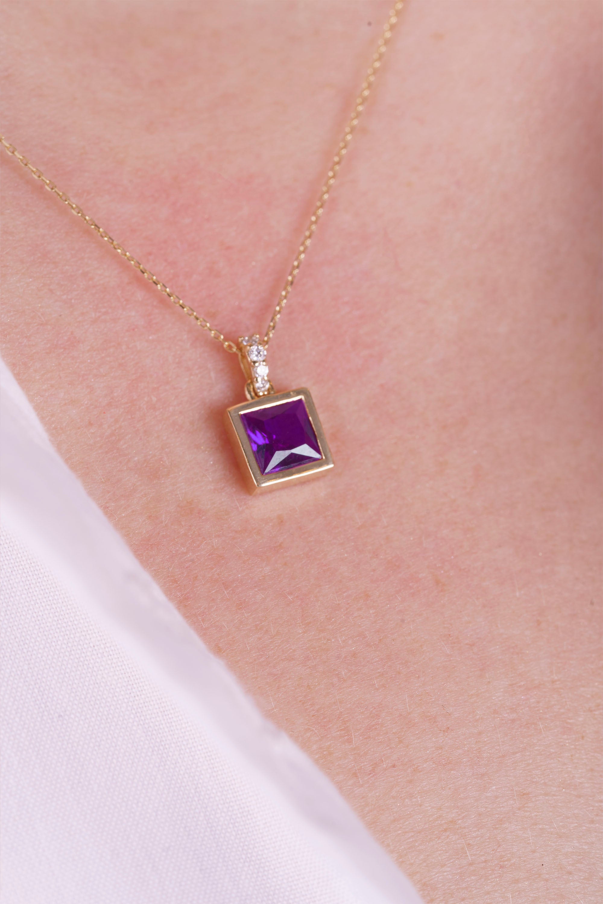 14K Gold Amethyst Princess Cut Necklace