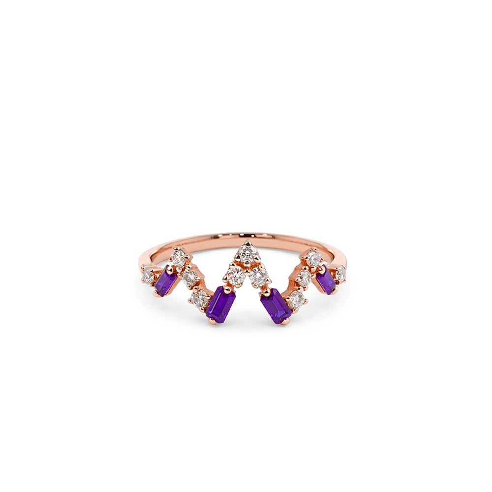14K Gold Amethyst Crown Ring, Diamond Chevron Ring