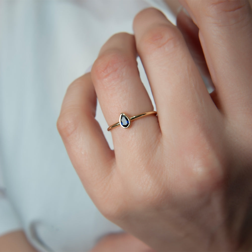 14K Solid Gold Pear Cut Solitaire Sapphire Ring