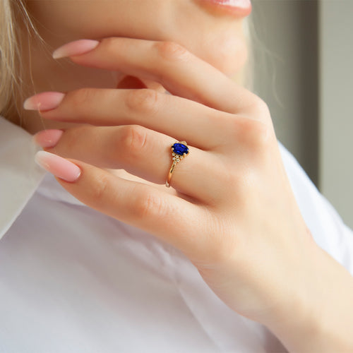 14K Solid Gold Oval Cut Natural Diamond Sapphire Ring