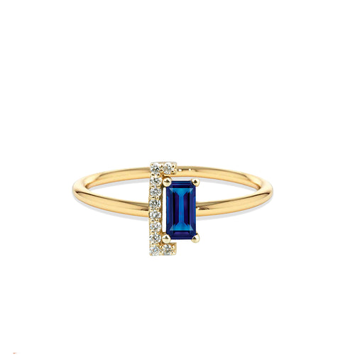 14K Solid Gold Baguette Diamond Sapphire Ring