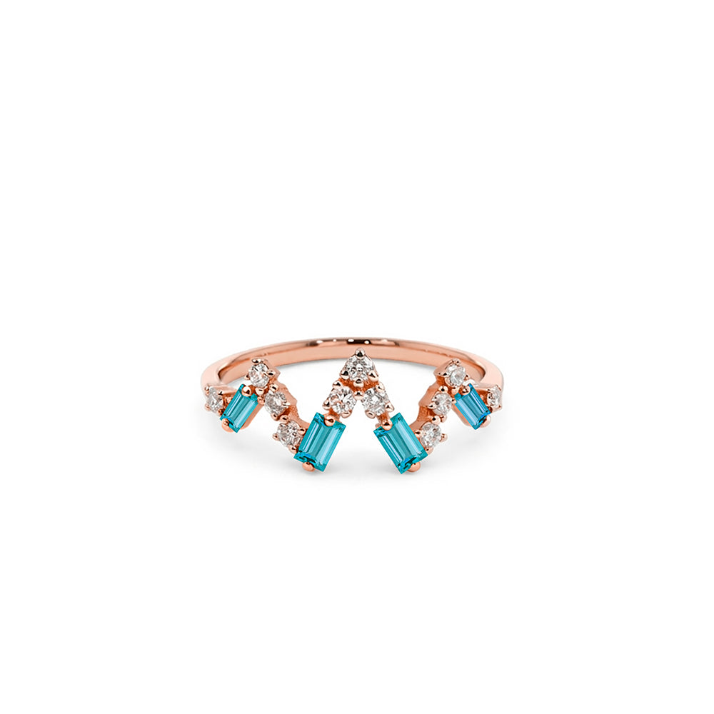 14K Gold Aquamarine Crown Ring, Diamond Chevron Ring