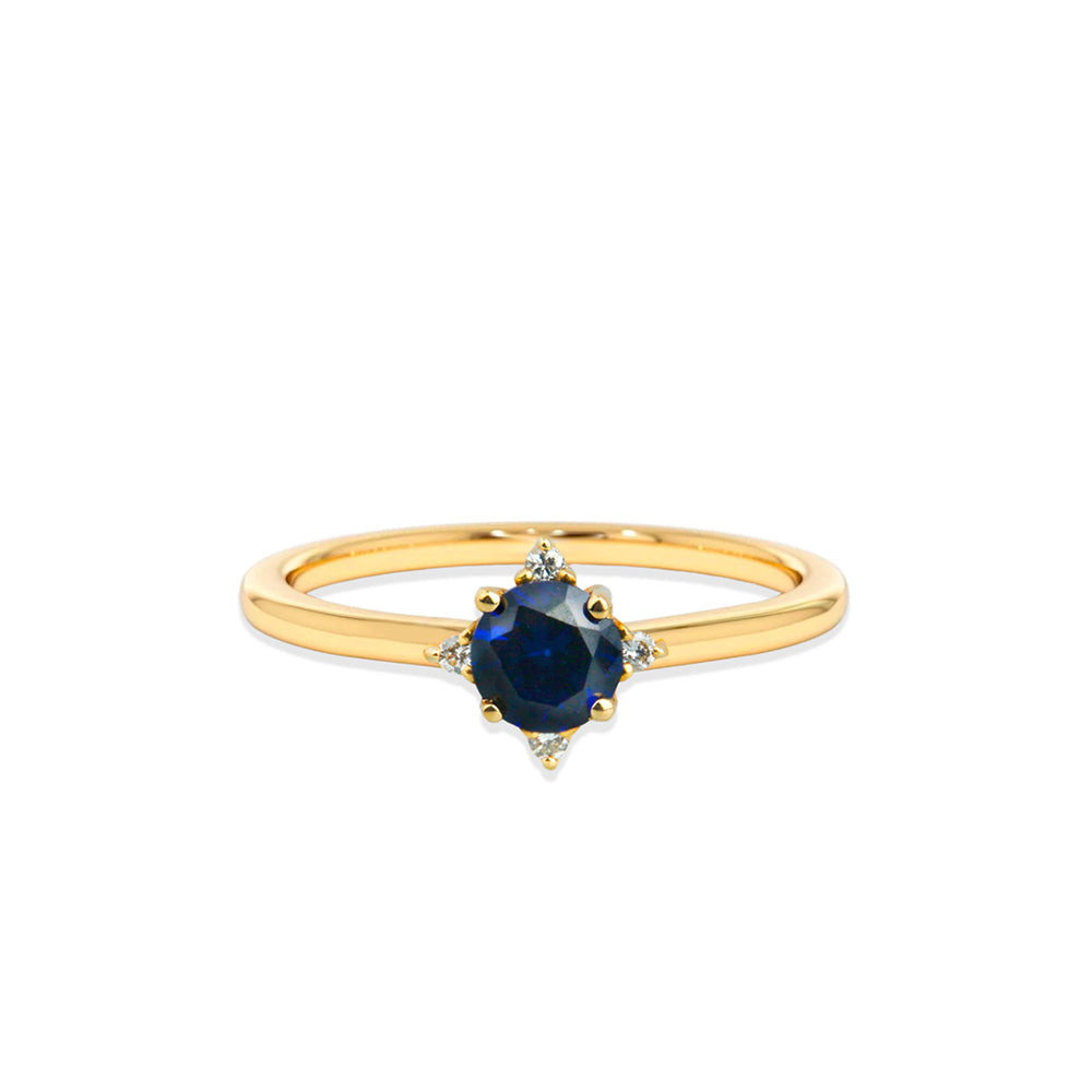 14K Gold Round Diamond Sapphire Ring