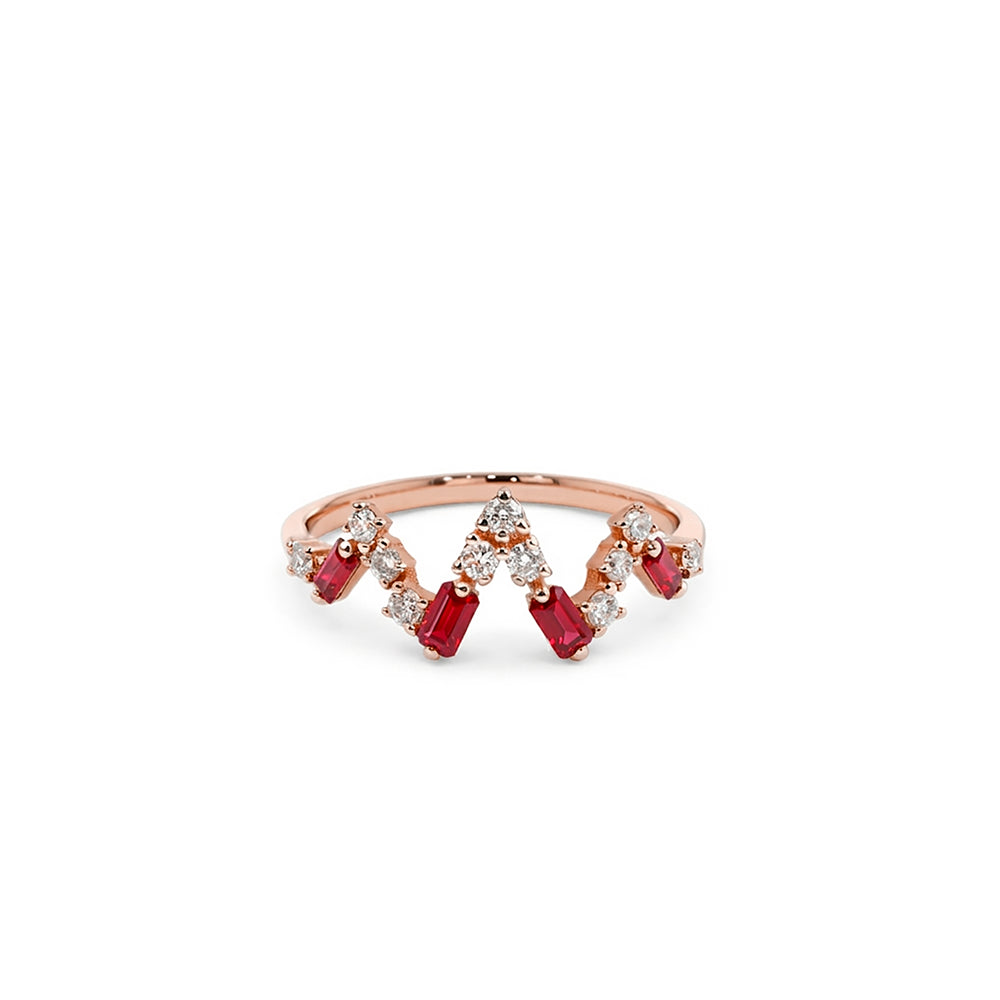 Gold Diamond Ruby V Shape Ring, 14K Solid Gold Ruby Ring