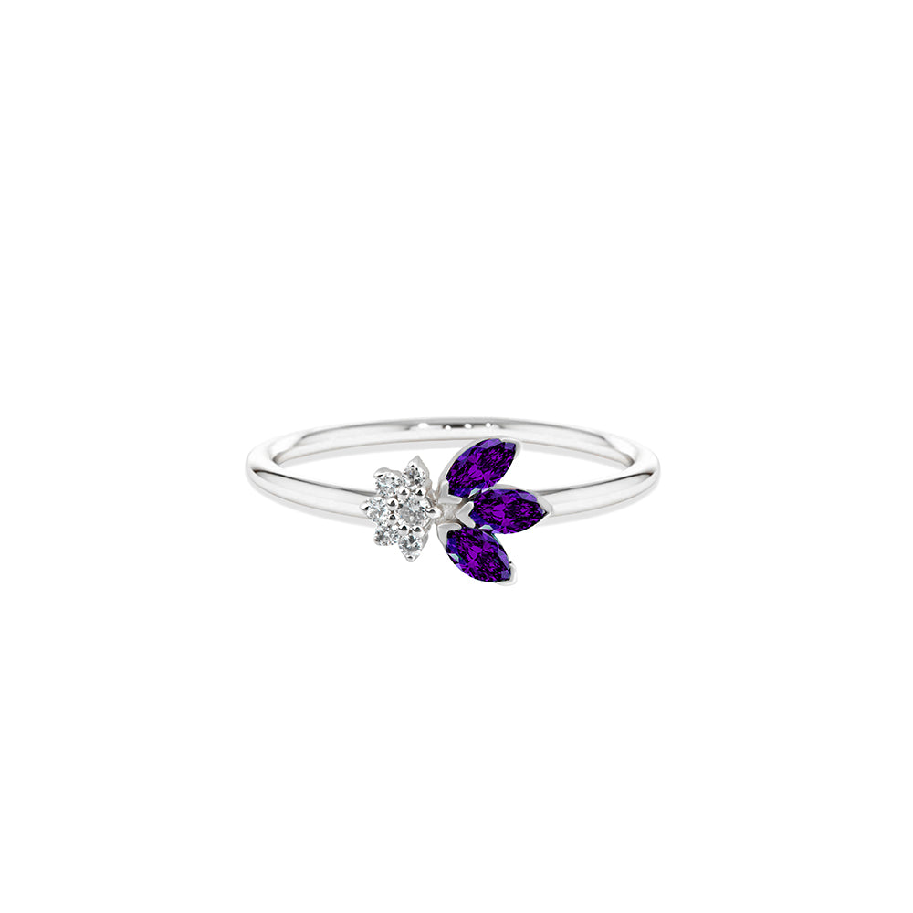 14K Gold Amethyst Diamond Leaf Ring / Amethyst Botanical Branch