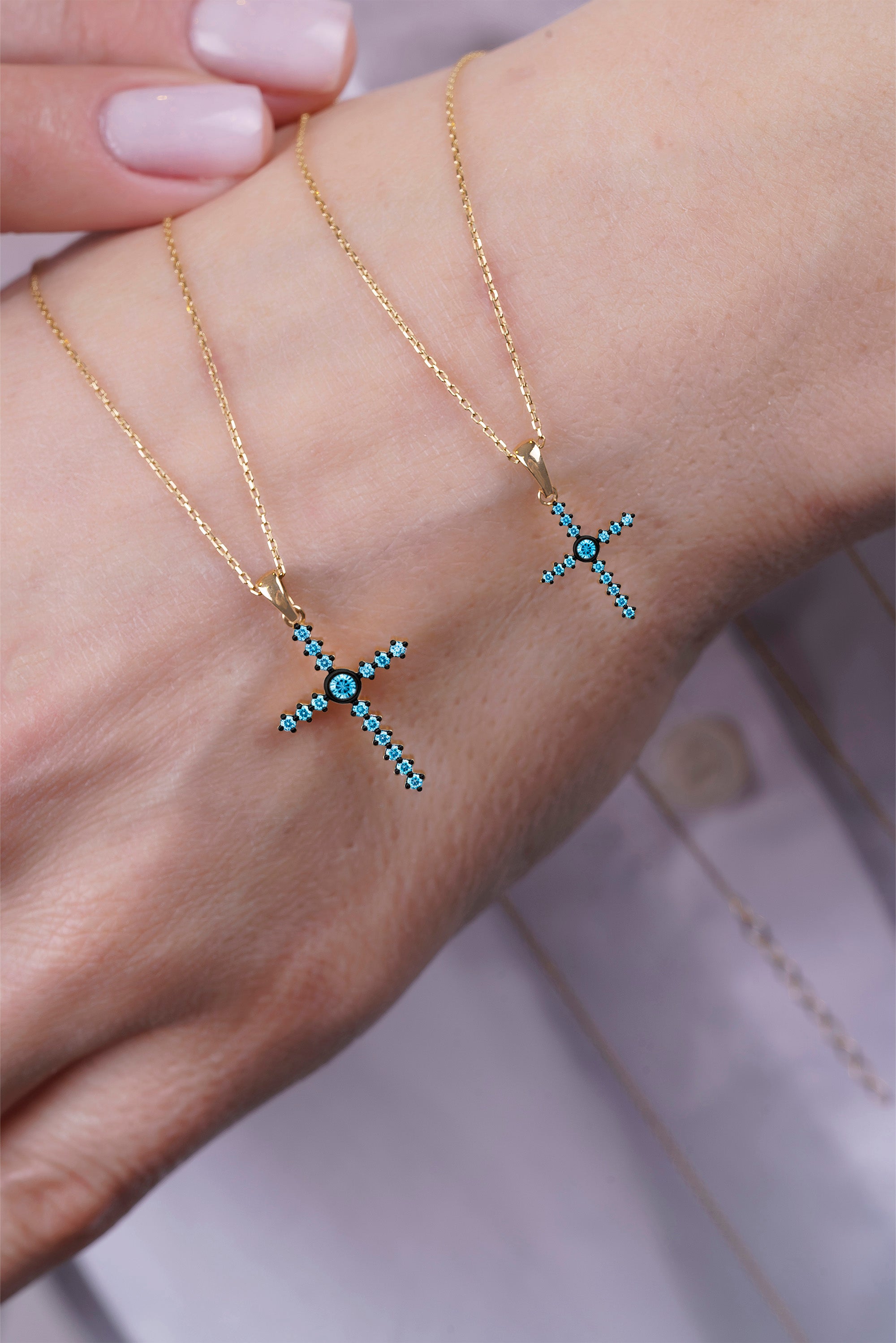 14K Gold Aquamarine Cross Necklace / Round Center Cross Pendant