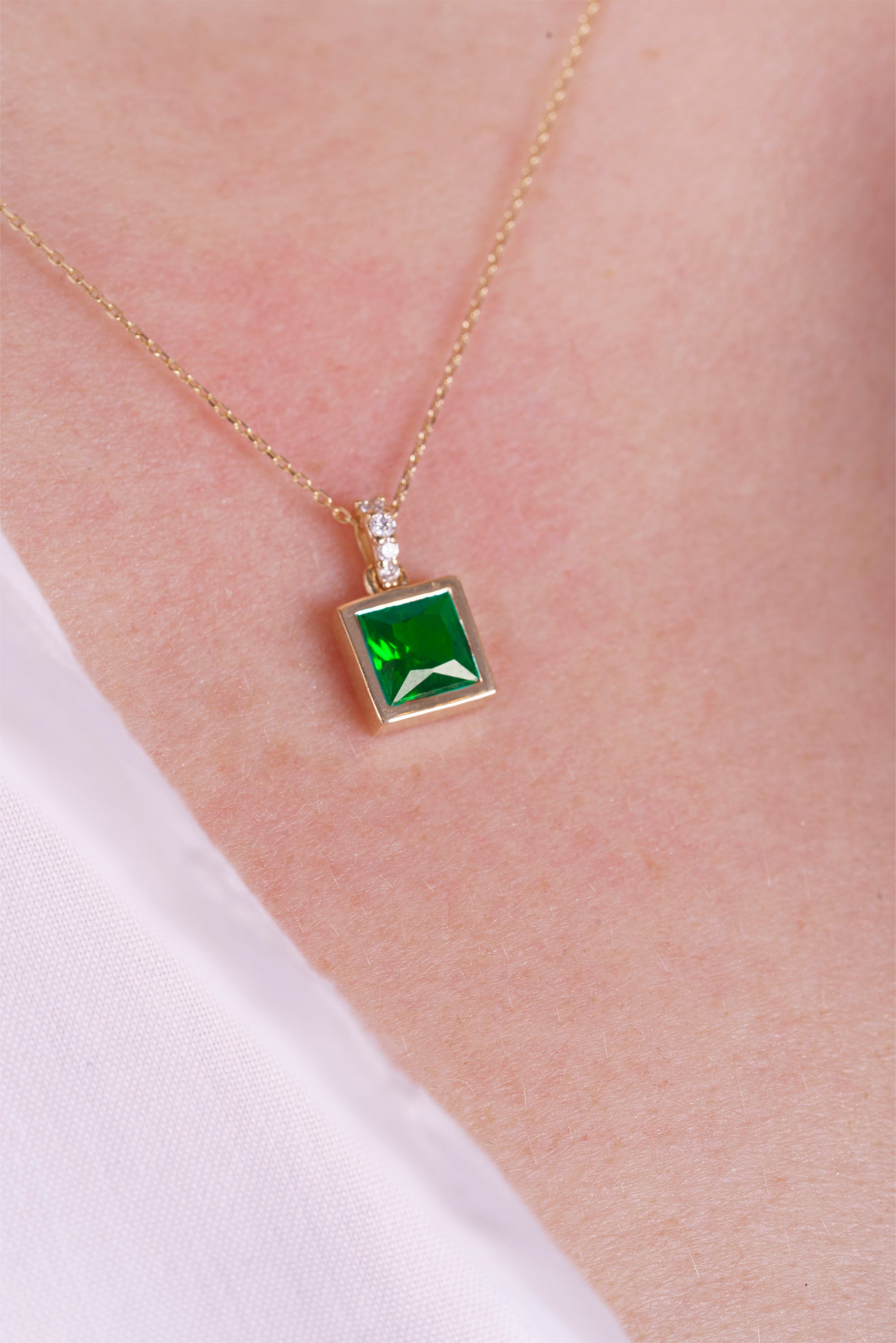 Emerald Princess Cut Necklace, Birthstone Gift for Her