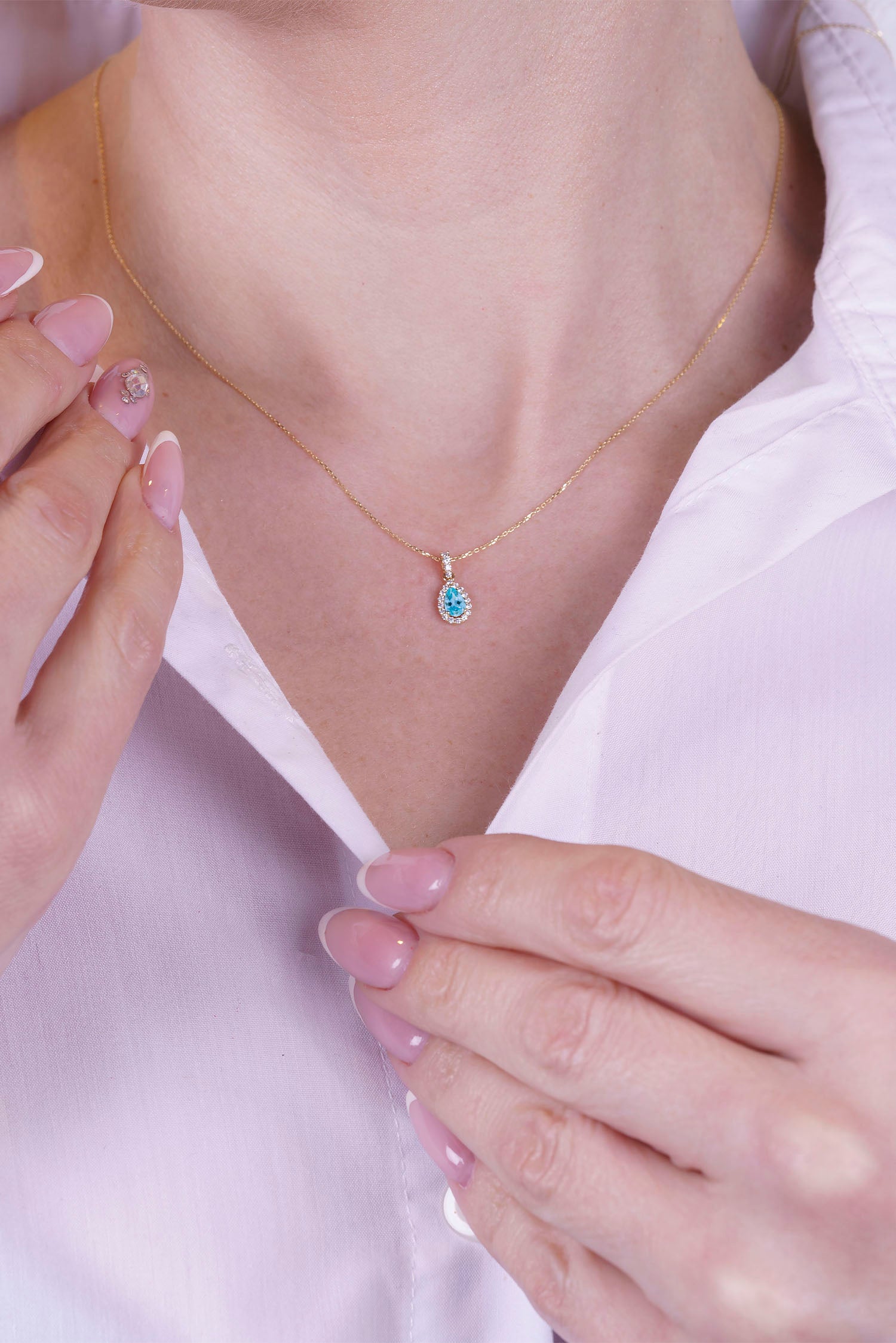 Teardrop Aquamarine Diamond Necklace, 14K Gold Diamond Necklace