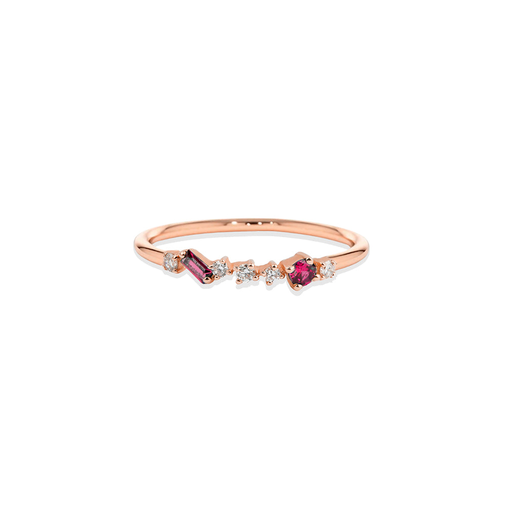 14K Gold Ruby Baguette Ring / Diamond Accent Cluster