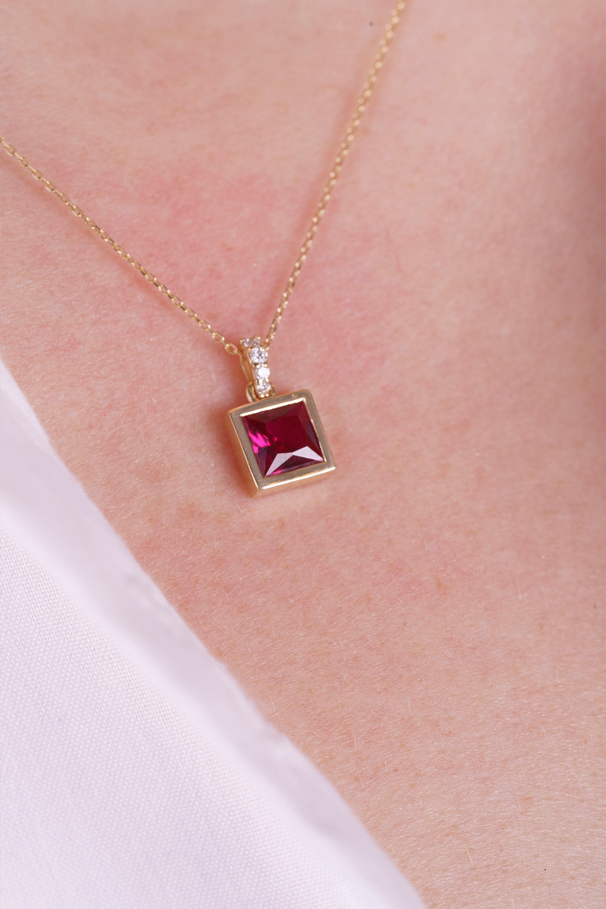 14K Gold Square Cut Ruby Necklace