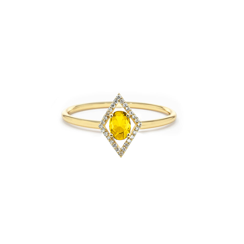 Kite Halo Citrine Ring / 14K Gold Yellow Gemstone Ring