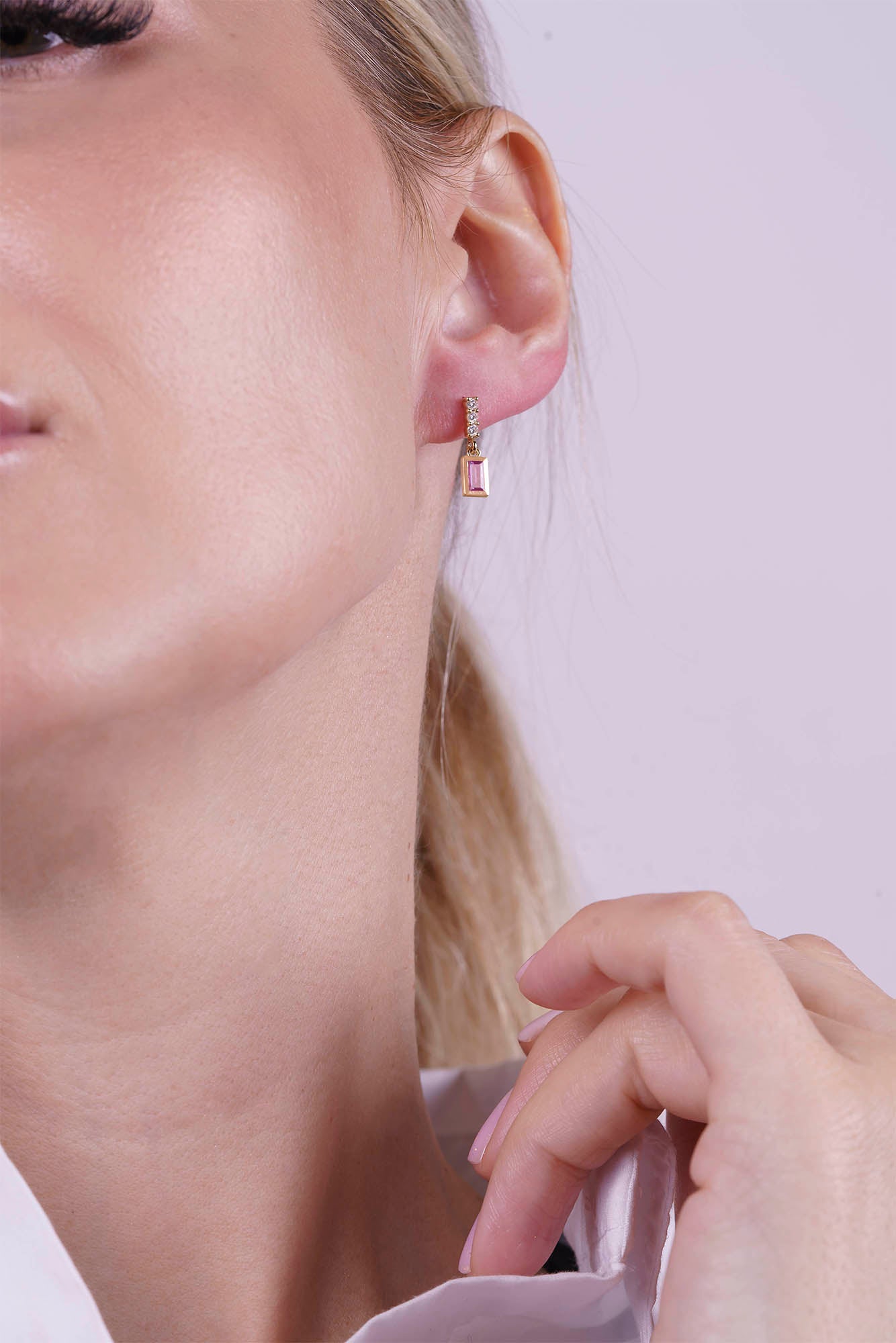 14K Gold Pink Sapphire Rectangular Earrings