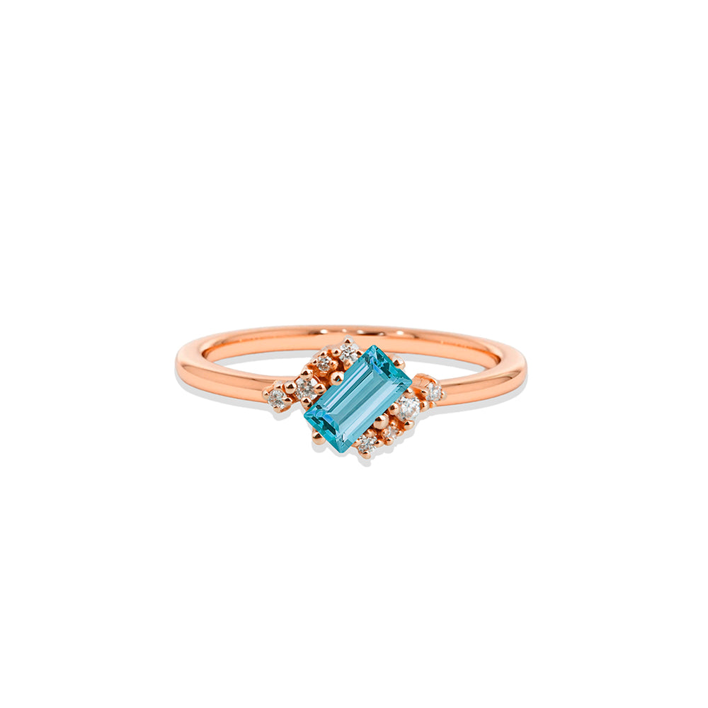 14K Gold Aquamarine Diamond Ring / Geometric Blue Gemstone