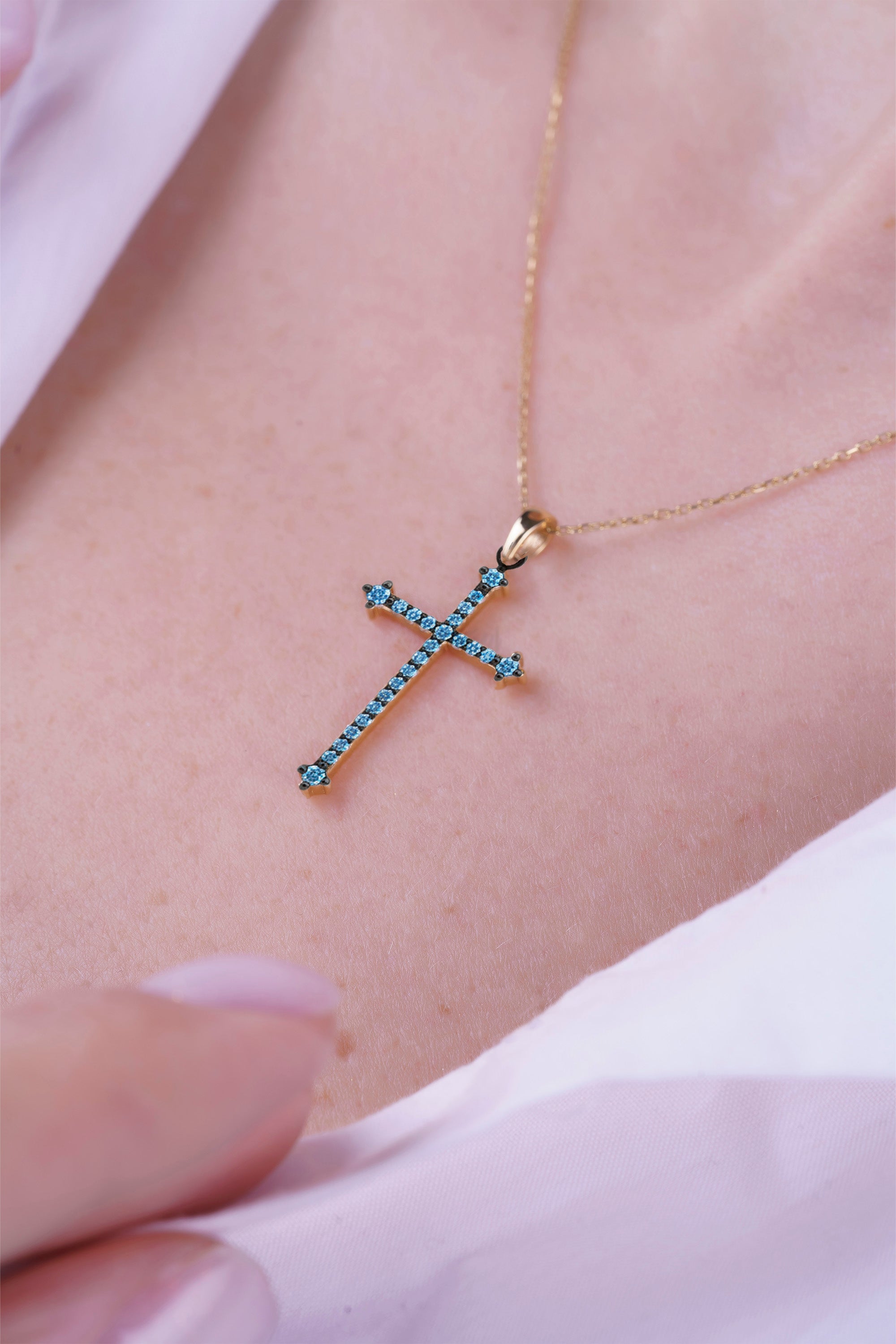 14K Gold Christian Cross Necklace / Aquamarine Birthstone Pendant