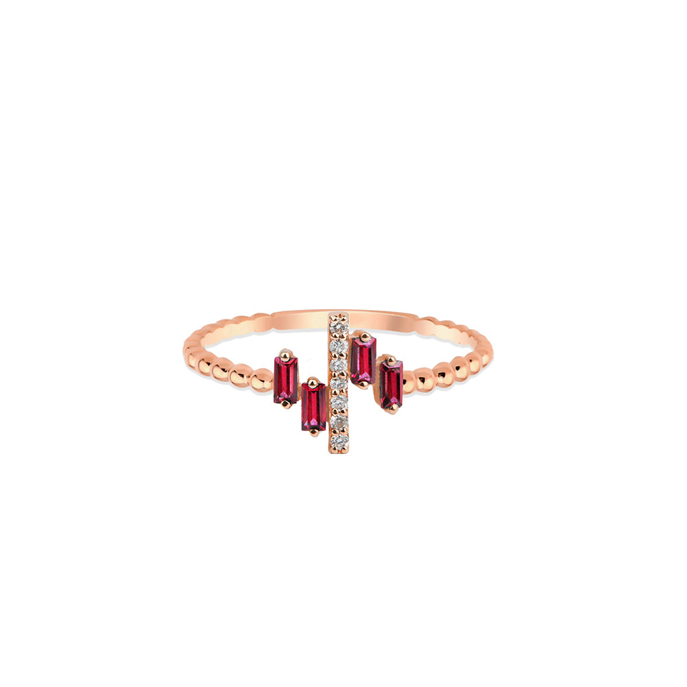 14K Gold Baguette Ruby Band / Ruby Diamond Bar Ring