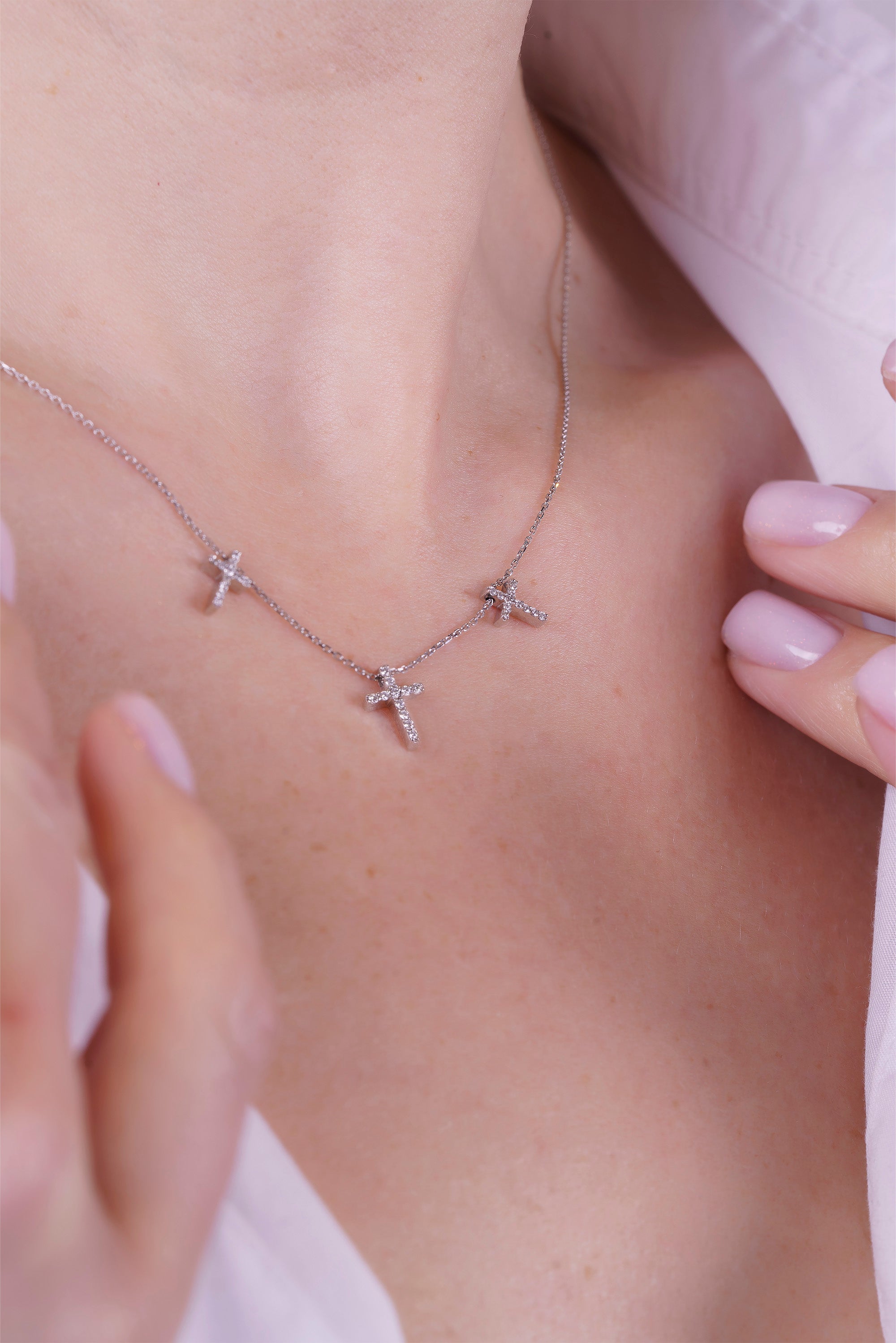 14K Gold Triple Cross Necklace / Diamond Cross Necklace