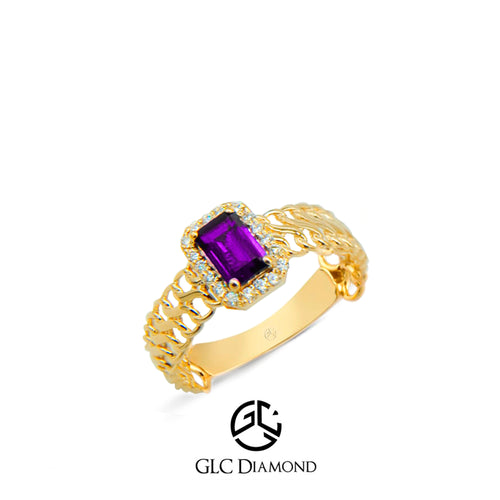 Stunning Gold Ring with Emerald Cut Purple Amethyst and Diamond Halo