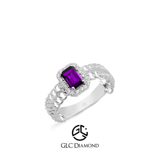 Stunning Gold Ring with Emerald Cut Purple Amethyst and Diamond Halo