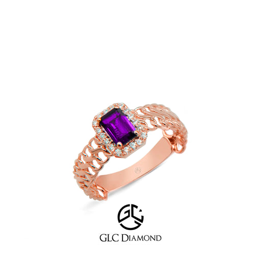 Stunning Gold Ring with Emerald Cut Purple Amethyst and Diamond Halo